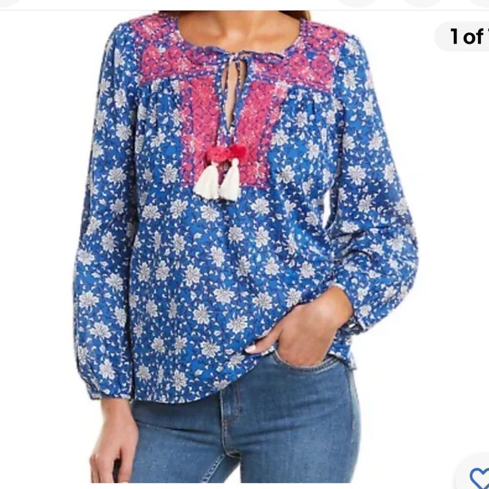 J. Crew Embroidered Peasant Top size XS Blue Pink Long Sleeve Boho Tassel Blouse